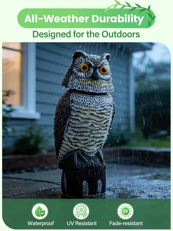 Owl Decoys to Scare Birds Squirrels Away, 360 Rotating Head Activated | Fake Owl Statues Repellent Pest Hawk Squirrel Cats Chickens Pigeon Bird Deterrents for Outside Garden Patios Backyard