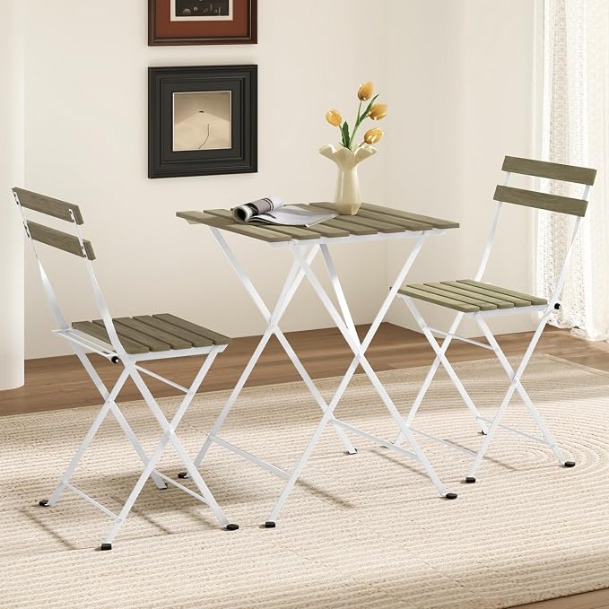 Giantex 3-Piece Acacia Wood Bistro Set, Patio Bistro Table with 2 Folding Chairs, Slatted Seat & Tabletop, Metal Frame, Outdoor Furniture Set for Backyard, Porch, Garden, Poolside (White + Gray)