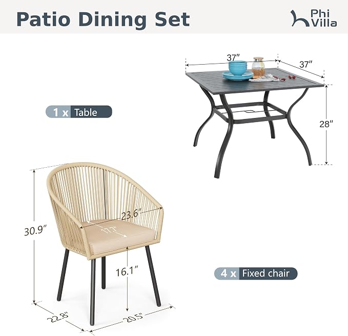 PHI VILLA 5-Piece Patio Dining Set, 37" Square Table, Wicker Chairs | Outdoor Dining Set for 4, Metal Table with Umbrella Hole, Cushioned Brown Rattan chairs. Modern design for patio, deck, porch