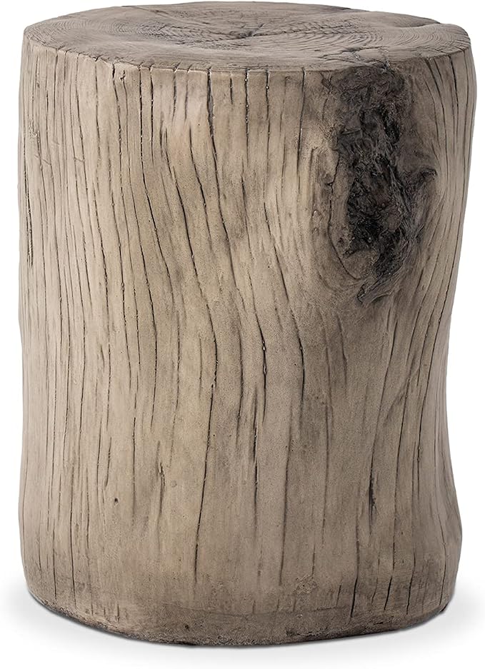 COSIEST Outdoor Antique Gray End Table Faux Wood, Hand-Painted Wood Stump Stool, Ottoman or Plant Stand, Deck or Garden