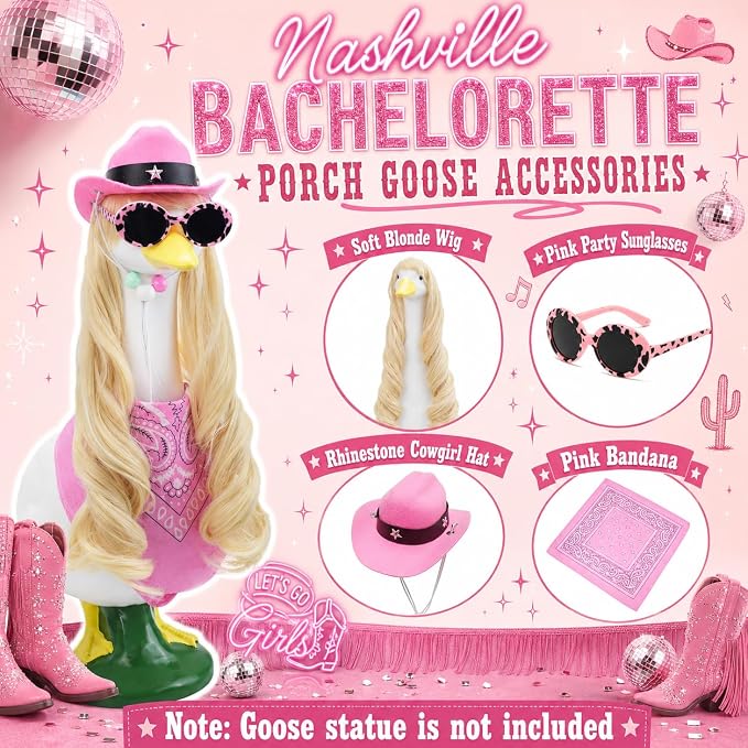 Cowgirl Porch Goose Outfit 5 Pieces Porch Goose Accessories with 1 Blonde Long Goose Wigs Cowgirl Hat Bandana for Outdoor Decor