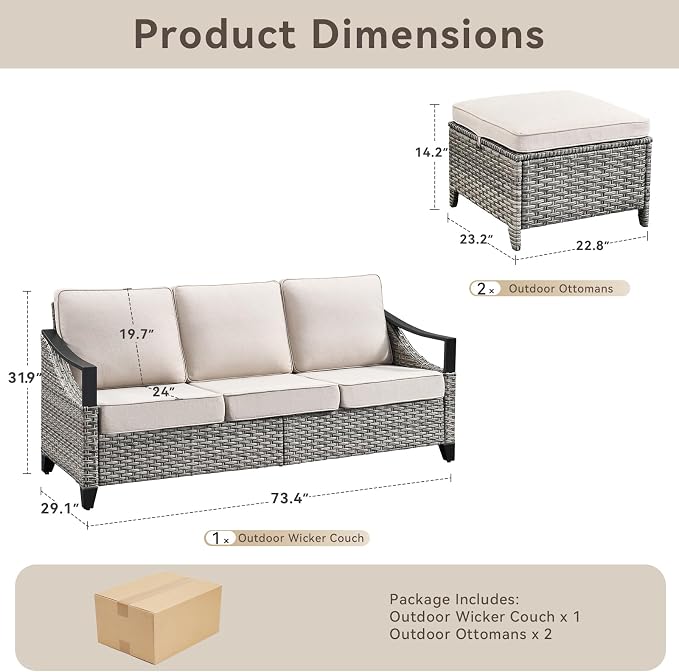 3 Pieces Wicker Patio Furniture Sofa Set-Outdoor Wicker Patio Furniture Covered Couch with Multifunctional Ottoman and All-Weather Outdoor Patio Conversation Set for Backyard Porch Garden Grey/Beige
