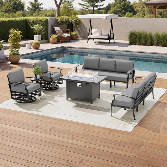Aluminum Patio Furniture Set with Fire Pit Table, 8 Seats Outdoor Patio Conversation Sets with Swivel Chair Modern Metal Sectional Sofa with Upgrade Cushions for Patio, Backyard - Grey