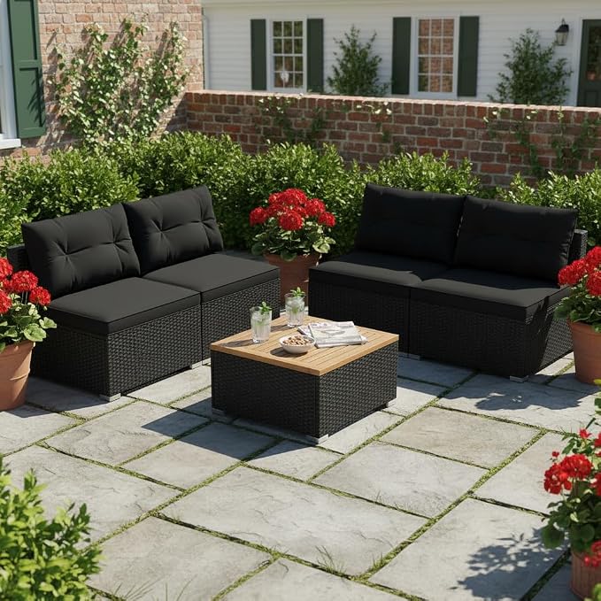 Tangkula 5 Pieces Wicker Patio Furniture Set, Outdoor 4 Armless Rattan Sofa & Coffee Table Set, with Cushions, Acacia Wood Tabletop, Sectional Patio Conversation Set for Lawn, Yard, Poolside, Black