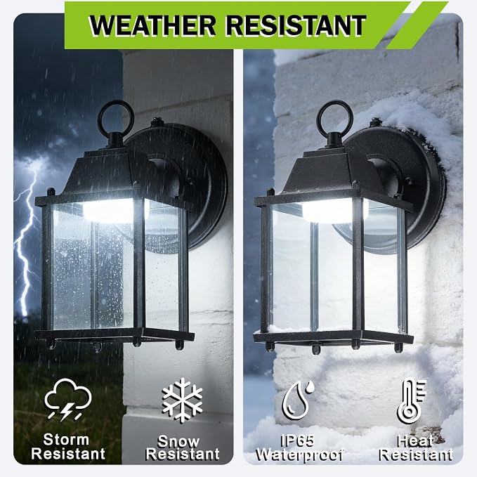 Outdoor Wall Light Fixture Dusk to Dawn, Rustproof Aluminum, LED | Exterior Porch Light Wall Sconce Lantern for House, Patio, Garage, Waterproof, Glass, 9.5W 800 Lumen, 5000K, Black, 2 Pack