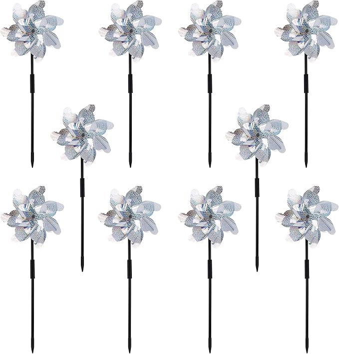 10 Pack Pre-Assembled Pinwheels for Yard and Garden, Silver | Wind Spinner Measures 19.7'' H x 6.8'' W, Reflective Surface Sparkles In Sunlight, Connect Stakes For Yard, Garden Or Lawn
