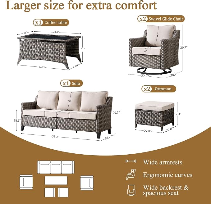 Luxury Patio Furniture sofa Set - 6 Pieces All Weather Wicker Outdoor Couch and High Back Swivel Rocker Patio Chairs with Glass coffee table for Deck Yard and Poolside Gray Wicker | Beige Cushions