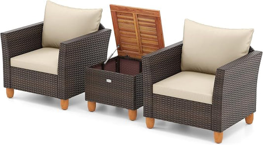 Tangkula 3 Piece Patio Furniture Set, Patiojoy Outdoor PE Wicker Bistro Set with Soft Cushions and Solid Acacia Wood, Outdoor Conversation Set with Porch, Balcony and Garden