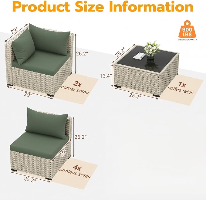UDPATIO Outdoor Patio Furniture Set, 7 Pcs PE Wicker Sectional Sofa with Tea Table, Outdoor Conversation Set for Patio, Garden, Backyard (Green Cushions with Light Grey Rattan)