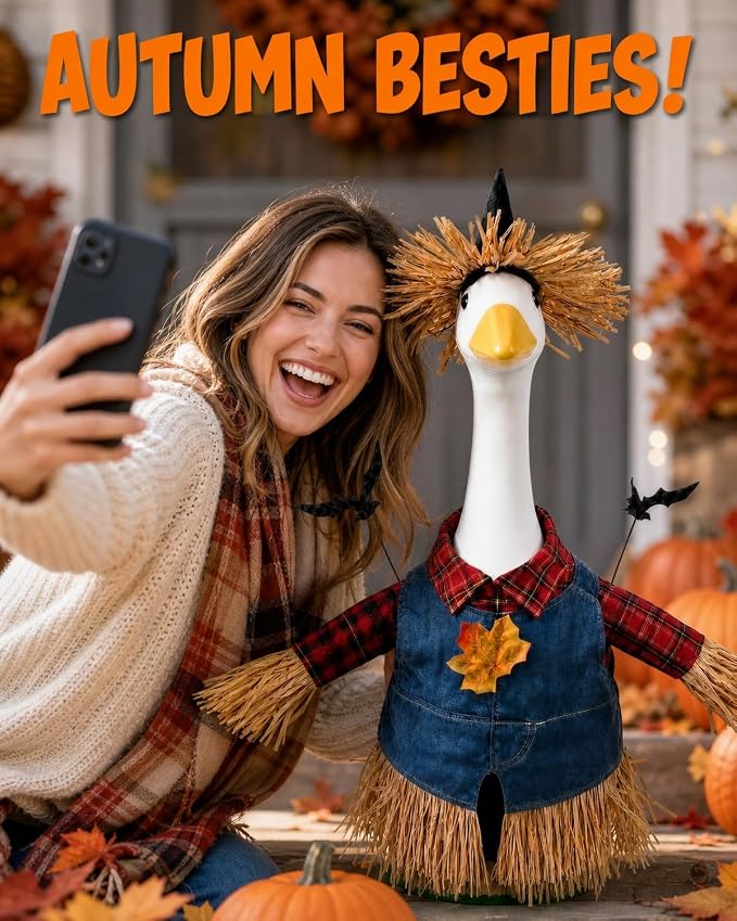 Scarecrow Porch Goose Outfits, 23 Inch Fall Geese Costume with Straw Hat | Porch goose fall outfit with hat & bat decor. Halloween thanksgiving yard decor for concrete statue, gift for mom grandma.