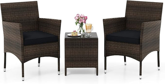 RELAX4LIFE 3-Piece Patio Furniture Set - Rattan Wicker Outdoor Conversation Set w/Cushions & Glass Coffee Table, Balcony Furniture for Porch Garden Backyard, Bistro Table and Chairs Set of 2 (Black)