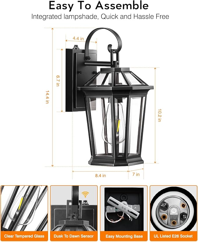VIANIS Dusk to Dawn Porch Lights Outdoor, Black Outdoor Wall Lantern for House, 100% Anti-Rust Aluminum Outside House Light, Farmhouse Coach Lights for Garage, Front Door, Carriage Lights Exterior