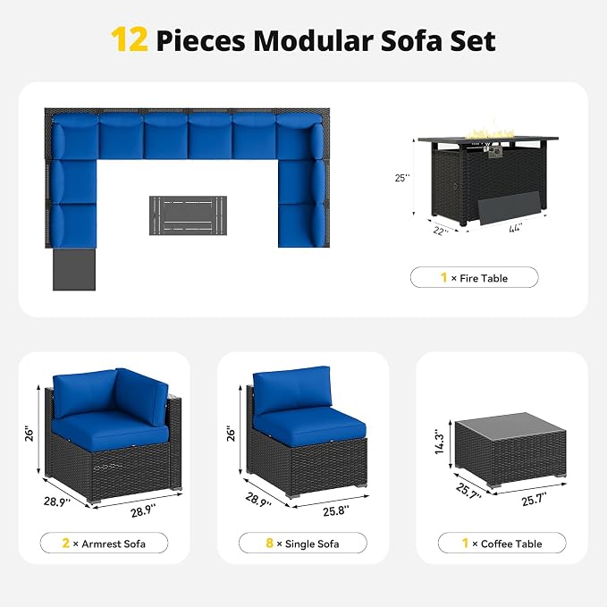 Aoxun Patio Furniture Set with Fire Pit Table, 12 Piece Outdoor Sectional Set, 10 Seats Wicker Rattan Outdoor Furniture with Thickened Cushion for Backyard, Garden Navy Blue