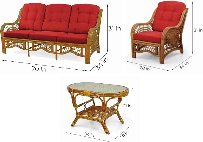Malibu Lounge Set of 4: 2 Natural Rattan Wicker Chairs, Three-Seater Sofa with Cushions and Coffee Table with Glass Handmade, Colonial Color