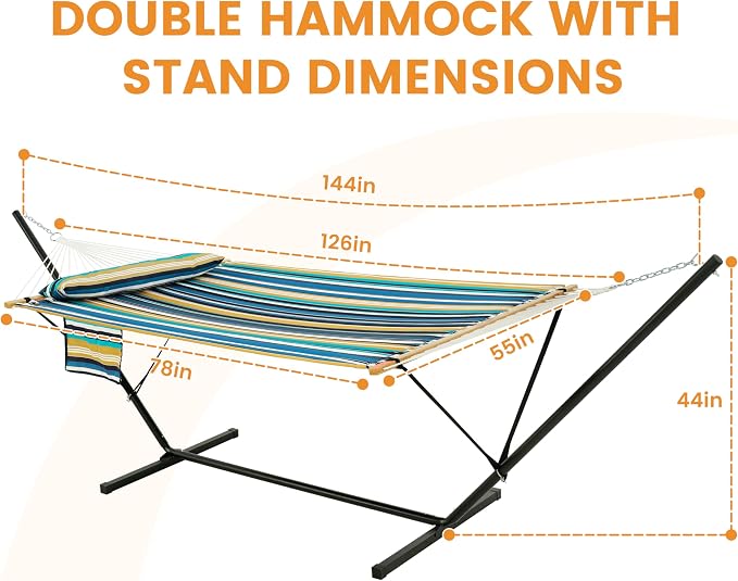 Lazy Daze Hammocks 2 Person Portable Hammock with 12FT Stand for Outside, 10.5FT Quilted Double Hammock with Spreader Bar and Detachable Pillow, 450lbs Capacity for Outdoor Patio, Beach Stripes