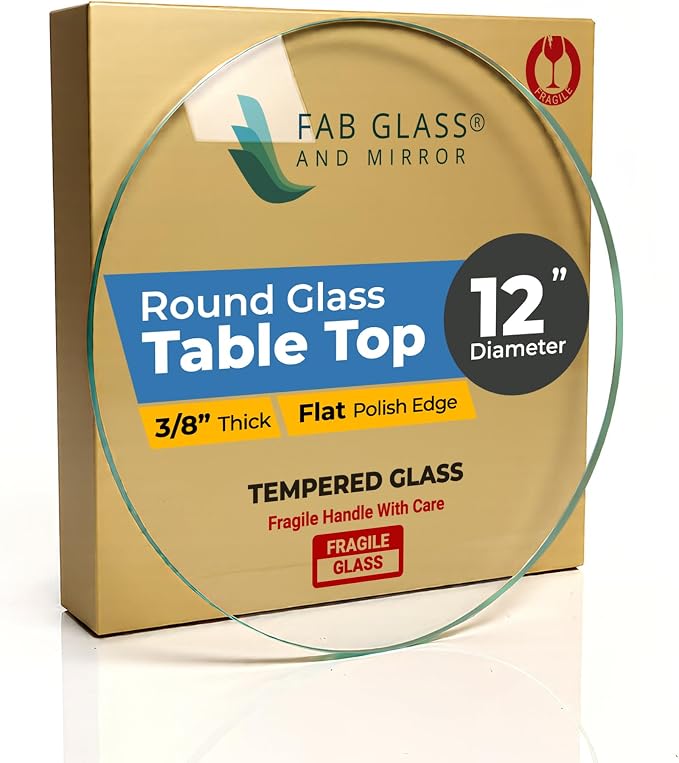 12-Inch Round Tempered Glass Table Top, 3/8” Thick, Flat Polished Edge, Durable Glass for Dining, Coffee, and Office Tables