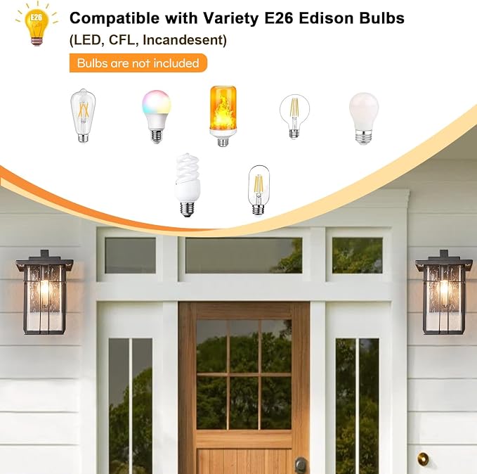 Dusk to Dawn Outdoor Wall Light 2 Pack Outside Wall Lamp Sensor Exterior Light Fixtures Wall Mount 10"H Garage Light Outdoor IP65 Porch Light with Seeded Glass Exterior Wall Sconces for House Patio