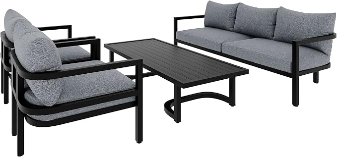 4-Piece Outdoor Steel Sofa Set, All Weather Patio Conversation Set with 1 Love Sofa, 2 Single Sofa and Coffee Table, Waterproof Cushions, Suitable for Backyard Poolside Gardens (Light Grey-Z)