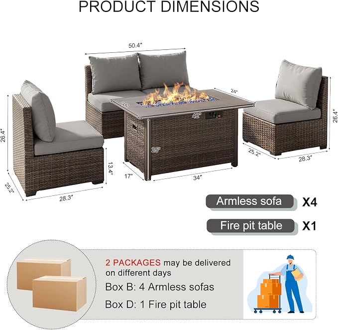 5 Pieces Patio Furniture Set with Fire Pit Table, Outdoor PE Rattan Sectional Sofa with Soft Cushions for Backyard, Porch, and Poolside (Gray, 5 PCS w/Firepit)