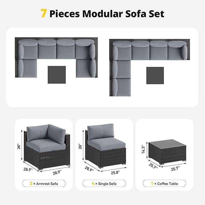Aoxun Patio Furniture Set, 7 Piece Outdoor Sectional Sofas with Waterprool Cover, Wicker Rattan Outdoor Furniture Patio Conversation Set for Backyard, Garden Light Grey