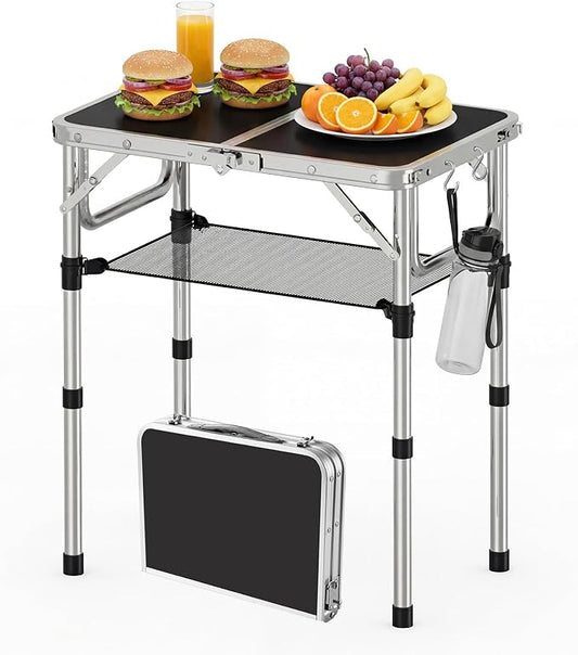 YihuiKo Folding Picnic Table with Storage Net, Black Folding Table 23.6" x 15.8", Adjustable Height Max 27.5", Lightweight Portable for Camping Travel Indoor