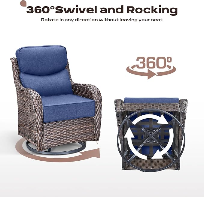 Rilyson Outdoor Swivel Rocker Chairs - All Weather Resistant Wicker Patio Furniture Set of 4 with High Back and 6 inch Thick Cushions for Deck Porch Yard and Poolside, Brown/Blue