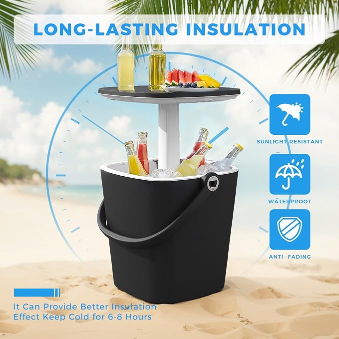 ROJIK 3-in-1 Resin Ice Bucket & Beverage Cooler – Wood Look Patio Table, UV Protection & Drain Plug for Outdoor Parties, Bars, and Poolside Use