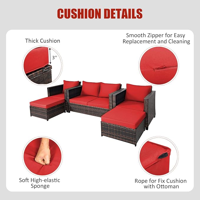 Tangkula 5 Pieces Patio Wicker Furniture Set, Outdoor Rattan Sofa Set with Loveseat, 2 Single Sofas, 2 Ottomans & Removable Cushions, Sectional Daybed Sofa Set for Yard, Garden, Poolside, Red
