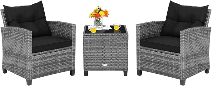 Tangkula 3 Pieces Patio Furniture Set, Outdoor PE Rattan Conversation Chair Set with Tempered Glass Side Table and Removable Cushions, PE Wicker Chairs and Table Set for Porch, Balcony and Garden