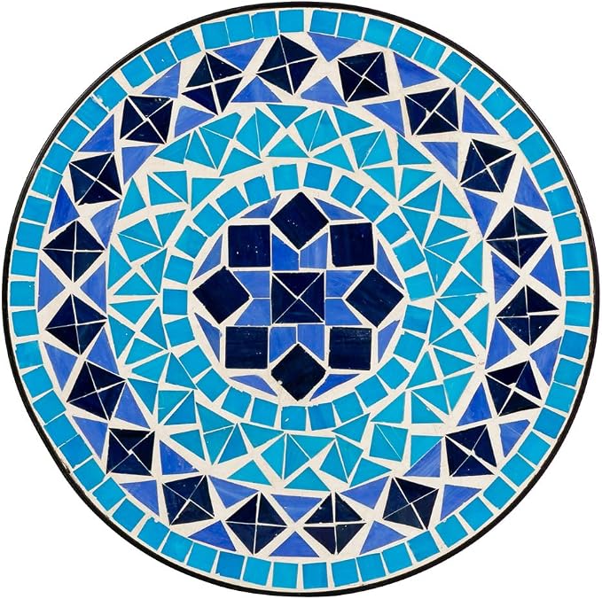 Mosaic Patio Table,Outdoor Side Table,14inch Accent Table Plant Stand Decor, Small Vintage Outdoor End Table with Stained Glass Mosaic & Iron Frame for Patio Garden Balcony Poolside (Blue)