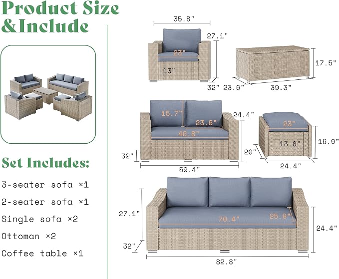 AMERLIFE 10-Piece Wicker Patio Furniture Set, Rattan Sectional Sofa with Storage Coffee Table & 2 Ottomans, All-Weather Outdoor Conversation Set for Backyard, Deck, Grey