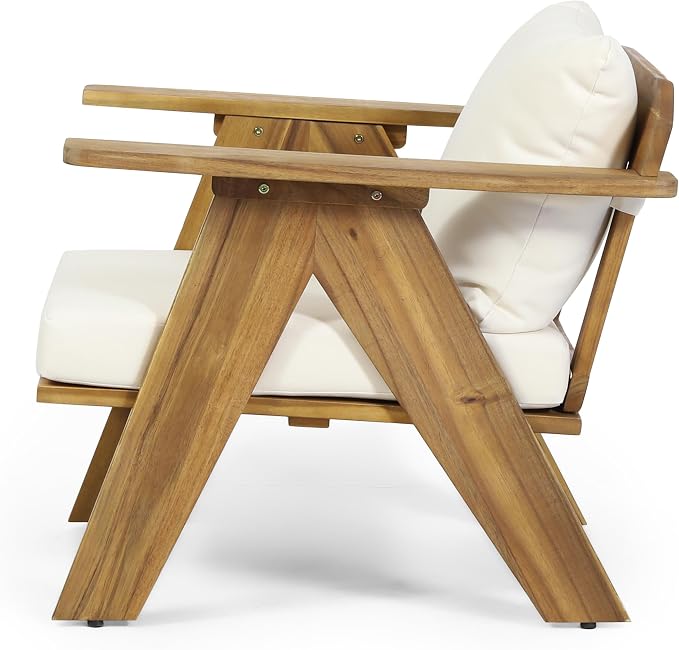 Christopher Knight Home Dina 4-Piece Patio Furniture Set, Acacia Wood Outdoor Conversation Set with Coffee Table, Outdoor 3-Seater Sofa and Club Chairs Set with Cushions for Backyard, Teak+Beige