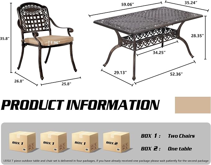 TITIMO 7-Piece Outdoor Furniture Dining Set, All-Weather Cast Aluminum Conversation Set Includes 1 Rectangular Table and 6 Chairs with Khaki Cushions and Umbrella Hole for Patio Garden Deck