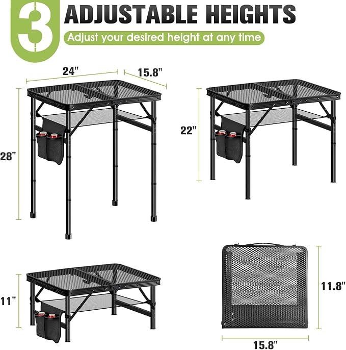 Ciavca Upgraded Folding Grill Table - Metal Portable Camping Table, 3 Height Adjustable Max 28", Lightweight Foldable for Outside BBQ 24"x15.8"