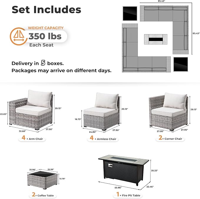 ovios 13 Pieces Patio Furniture Set, Outdoor Wicker Sectional Sofa with 54 Inch Fire Pit Table Comfy Cushions, Modern Modular Deep Seat Rattan Couch Conversation Set, Beige