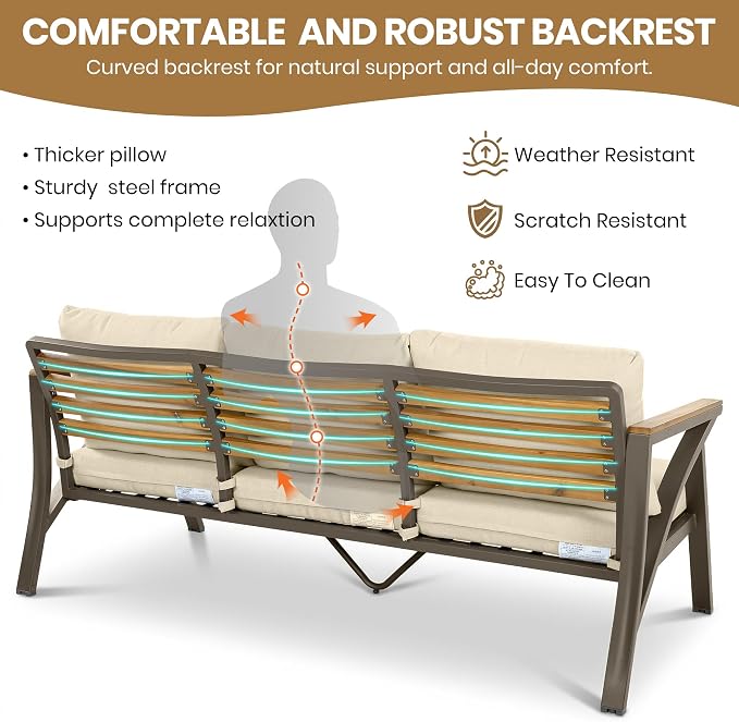 6 Piece Outdoor Furniture Set, Steel Frame Sofa Set with 3-Seat Couch, 2 Armchairs, 2 Ottomans & Acacia Wood Coffee Table, Patio Conversation Set for Garden Poolside, Brown+Cream Beige