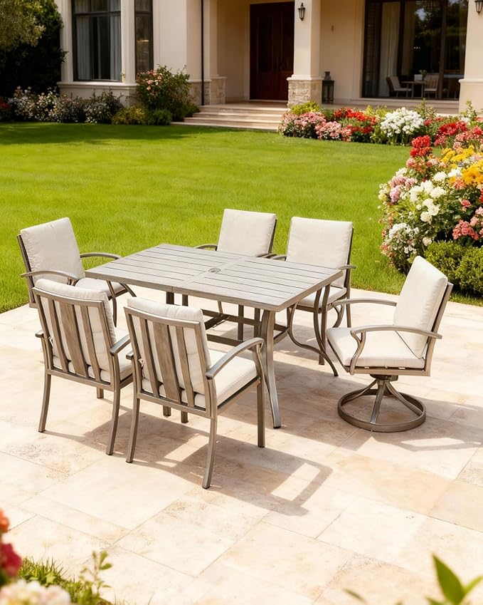 7-Piece Outdoor Dining Set, Never-Rust Aluminum Patio Dining Set, Patio Table Furniture Sets with Cushions, 4 Dining Chairs, and 2 Swivel Chairs for Deck, Garden, Backyard, Limed Oak