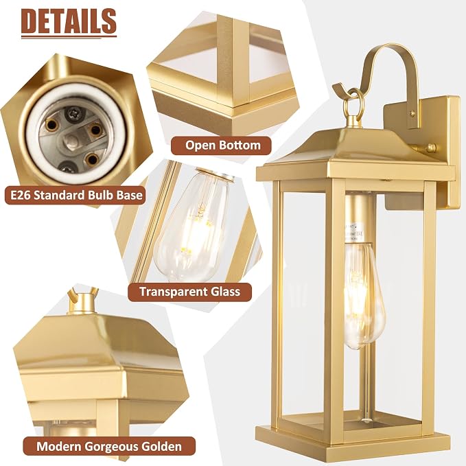 17 Inch Large Gold Outdoor Sconces Wall Lighting 2-Pack | ETL Listed Outside Wall Mounted Lamps Brass, Porch Lights Exterior Light Fixtures, IP65 Waterproof Anti-Rust
