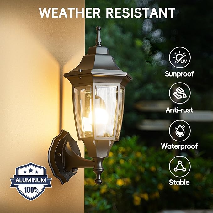 EMART Dusk to Dawn Outdoor Porch Light with Bulb, Wall Lamp(1 Pack, Black) | Exterior Anti-Corrosion, Waterproof Aluminum & Glass Shades, Modern Sconce Lantern Fixtures for Outside, House, Garage