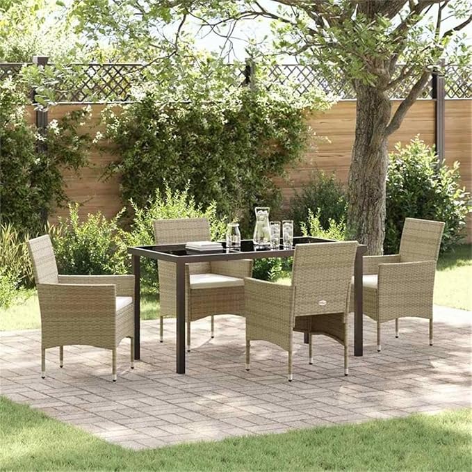 Afuera Living 5 Piece Patio Dining Set, Poly Rattan and Powder-Coated Steel Frame, Beige Weather-Resistant Cushions, Tempered Glass Tabletop, Modern Garden Furniture for Outdoor, Backyard, or Deck Use