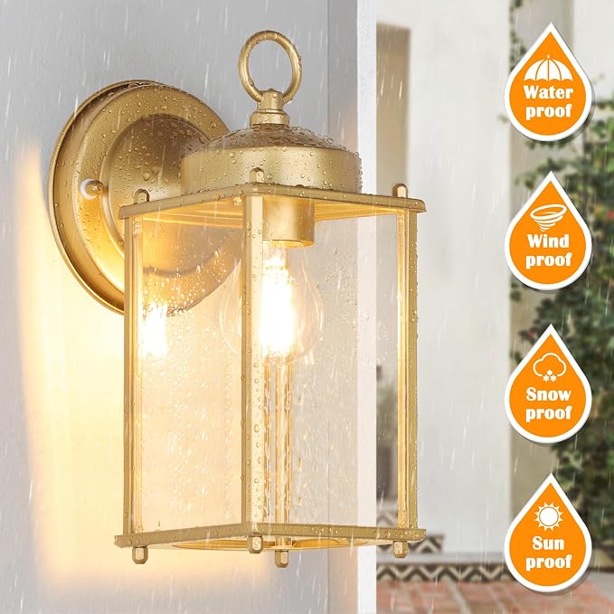 MATAMEYE Large Outdoor Wall Lantern, Exterior Waterproof Wall Sconce Light Fixtures, Gold Front Door Lighting with Clear Beveled Glass, Anti-Rust E26 Socket Porch Lamp, 2 Pack