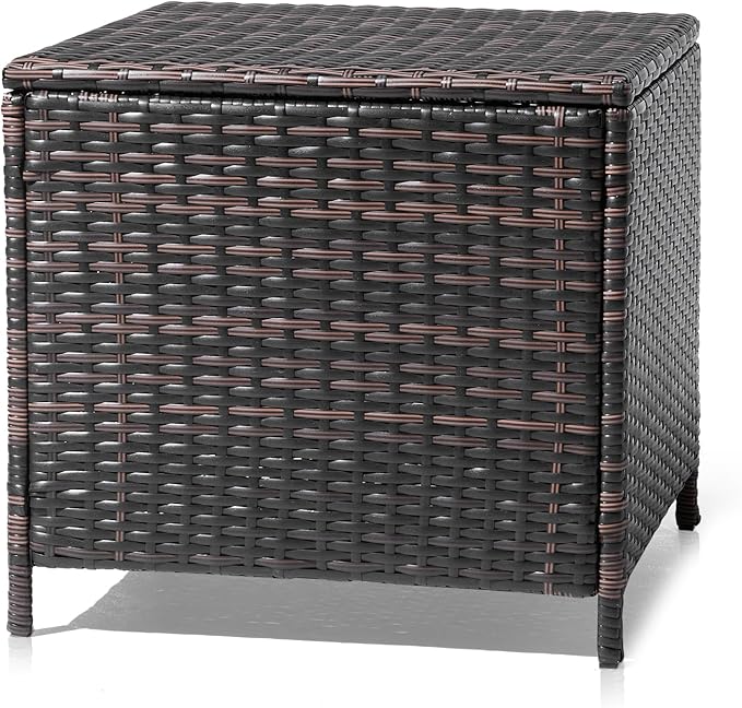Outdoor Wicker Storage Side Table, Patio Brown PE Rattan End Table with Storage, Square Container for Furniture Covers, Toys, and Gardening Tools (Brown)