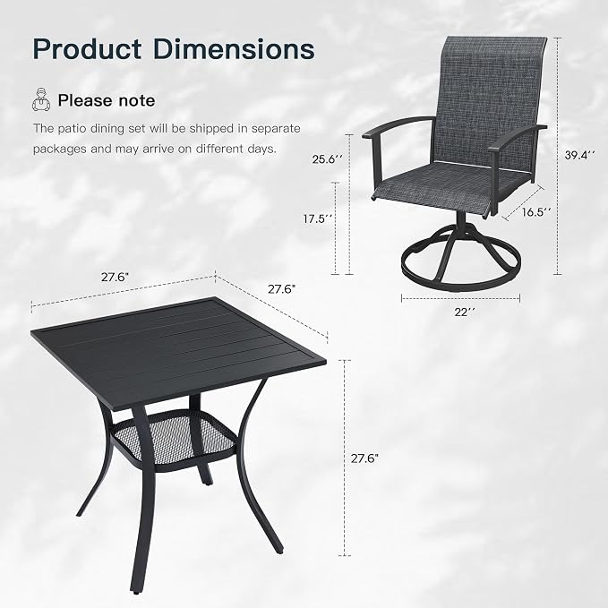 VICLLAX 3 Pieces Patio Outdoor Dining Set, 2 Swivel Textilene Chairs and 27.6" Square Metal Table with Storage for Porch, Deck, Garden, Black