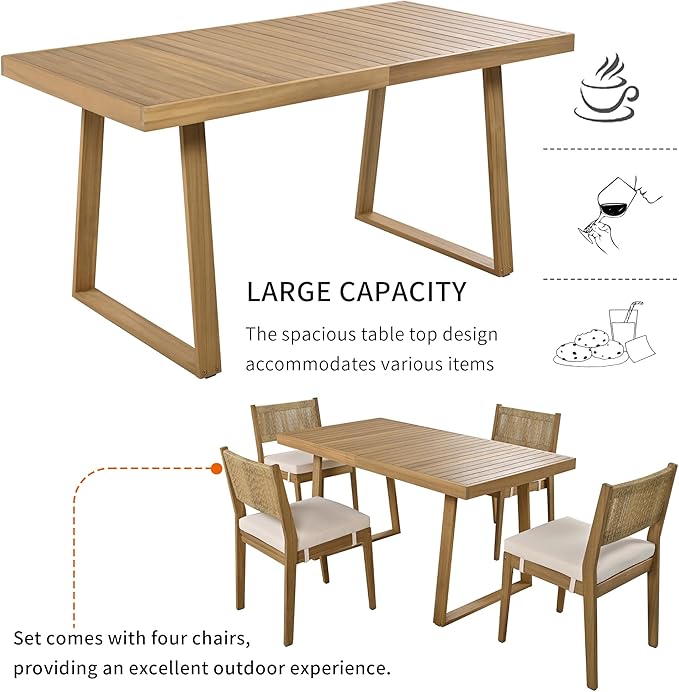 5 Pieces Outdoor Acacia Wood Dining Table Set with 63" L Table and 4 Chairs, Multi-Person Patio Dinner Set with Thick Cushions for Balcony, Backyard, Garden or Poolside, Natural Beige