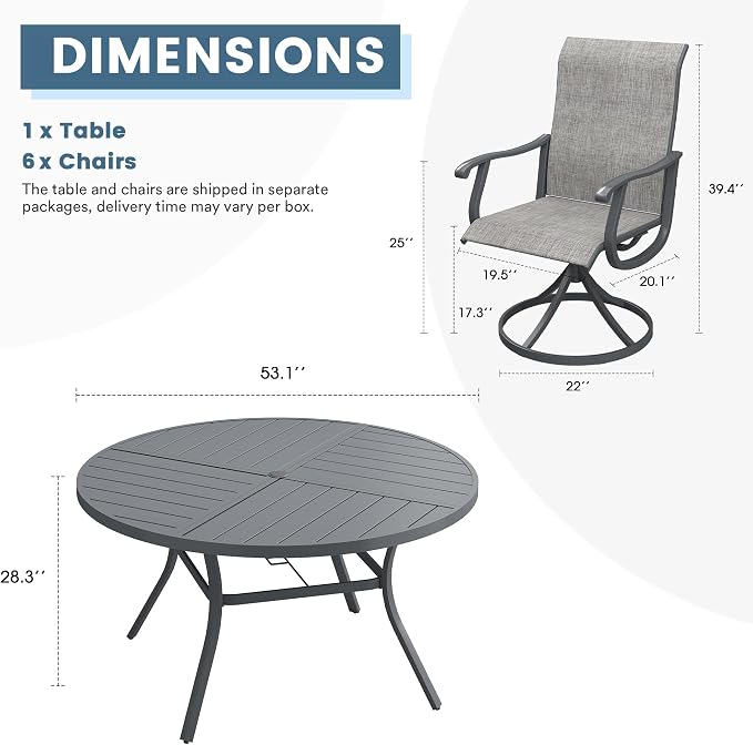 DIFY Patio Table and Chairs Set for 6, 7 Piece Outdoor Dining Set Includes 53.1" Round Metal Dining Table with Umbrella Hole and 6 Textilene Swivel Patio Chairs, for Garden Backyard Deck, Grey