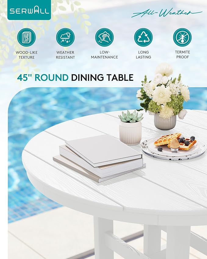 SERWALL 5-Piece Patio Dining Sets, HDPE Outdoor Table and Chairs Furniture Set, 45" Round Dining Table and 4 Armless Dining Chairs, White
