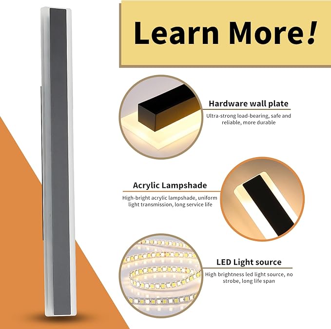 Outside Modern Wall Light, 47inch Outdoor LED Wall Lights, Minimalist Long Strip Wall Sconces, 3000K Warm White, IP65 Waterproof, Black Porch Lighting for Garden, Garage, House, Yard