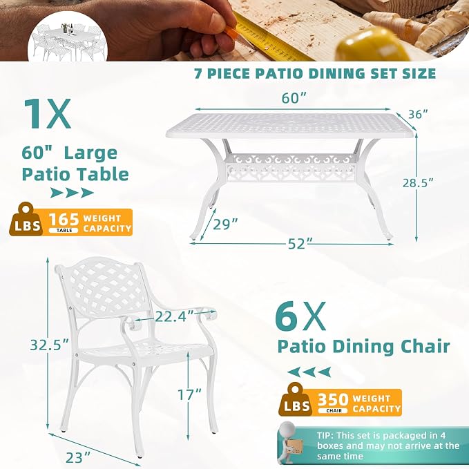 MEETWARM 7 piece Outdoor Patio Dining Set for 6 Seater Dining Table Set, All-Weather Cast Aluminum Patio Conversation Set for Garden with 6 Chairs, 1 Rectangular Table, 2" Umbrella Hole, White