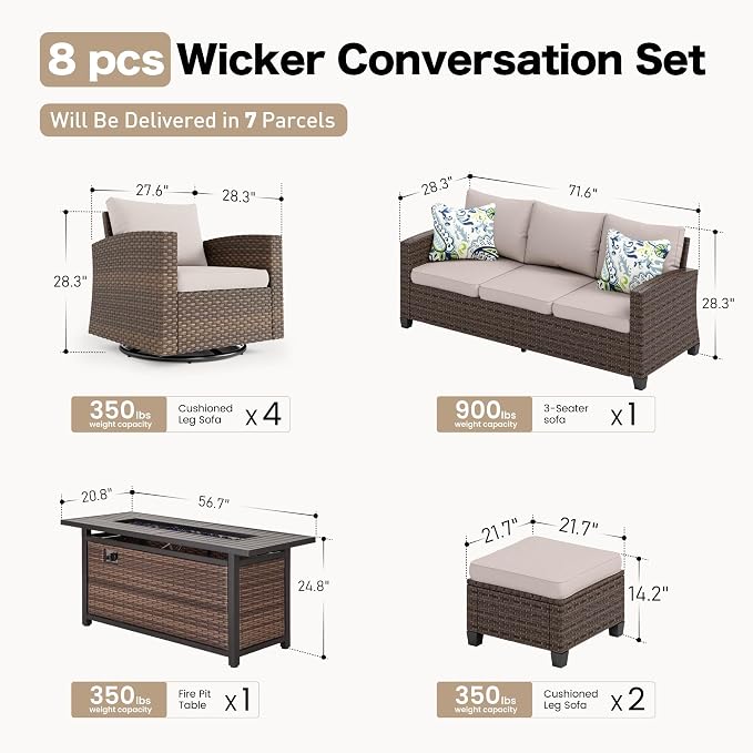 SUNSHINE VALLEY Swivel Glider Patio Furniture Set Outdoor Furniture Brown Wicker Rattan Patio Conversation Sets with Cushion Outside Sofa Set,7 Pieces with Rectangular Firepit Table,9 Seats,Beige