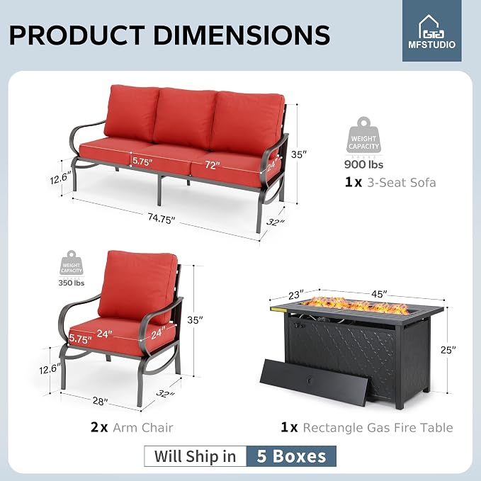 MFSTUDIO 4 Piece Patio Conversation Sets, All Weather Metal Frame Outdoor Furniture Set Patio Sofas with 1 x 45 Rectangular Fire Pit Table, 1 x 3-Seat Sofa, 2 x Sofa Chairs, Burgundy Red Cushion